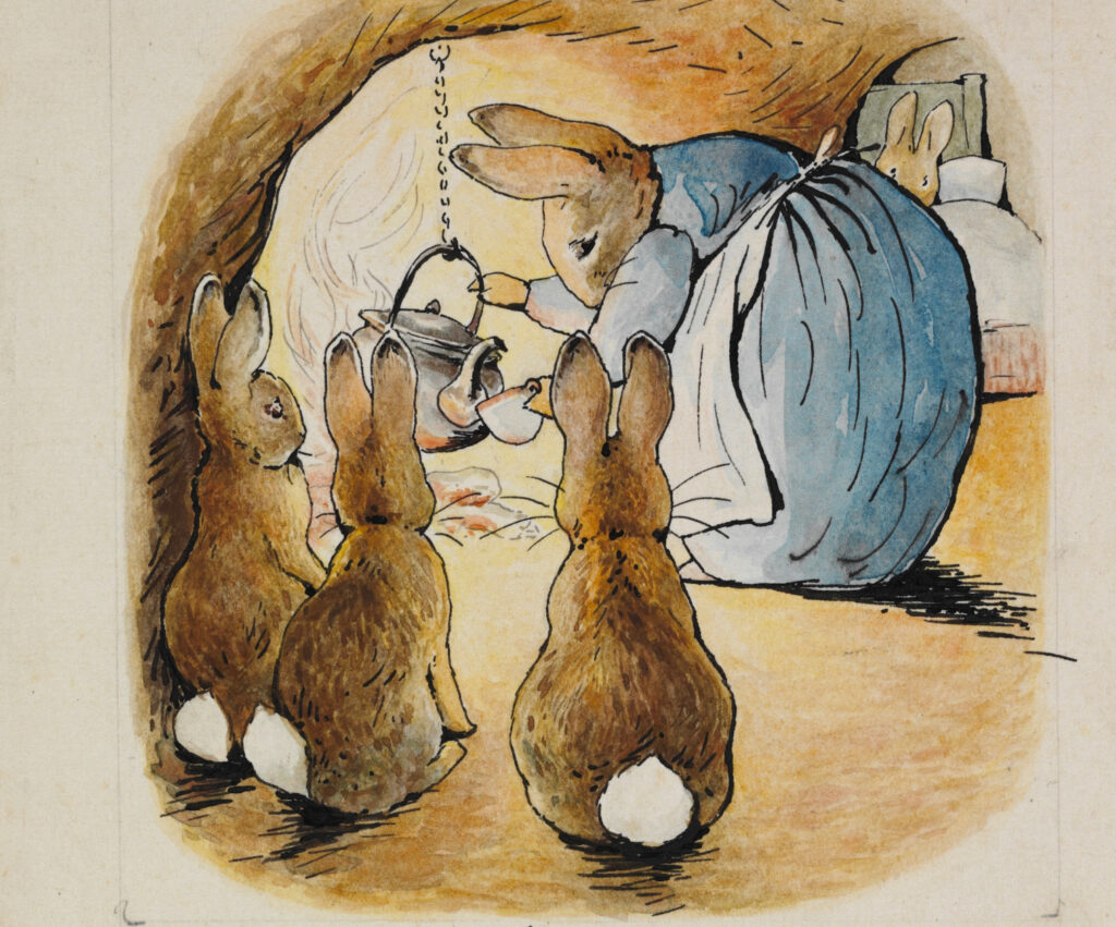 Three baby bunnies are seen from behind as they watch their mother make tea. Mother rabbit wears a blue dress and a white apron and bends over the kettle.