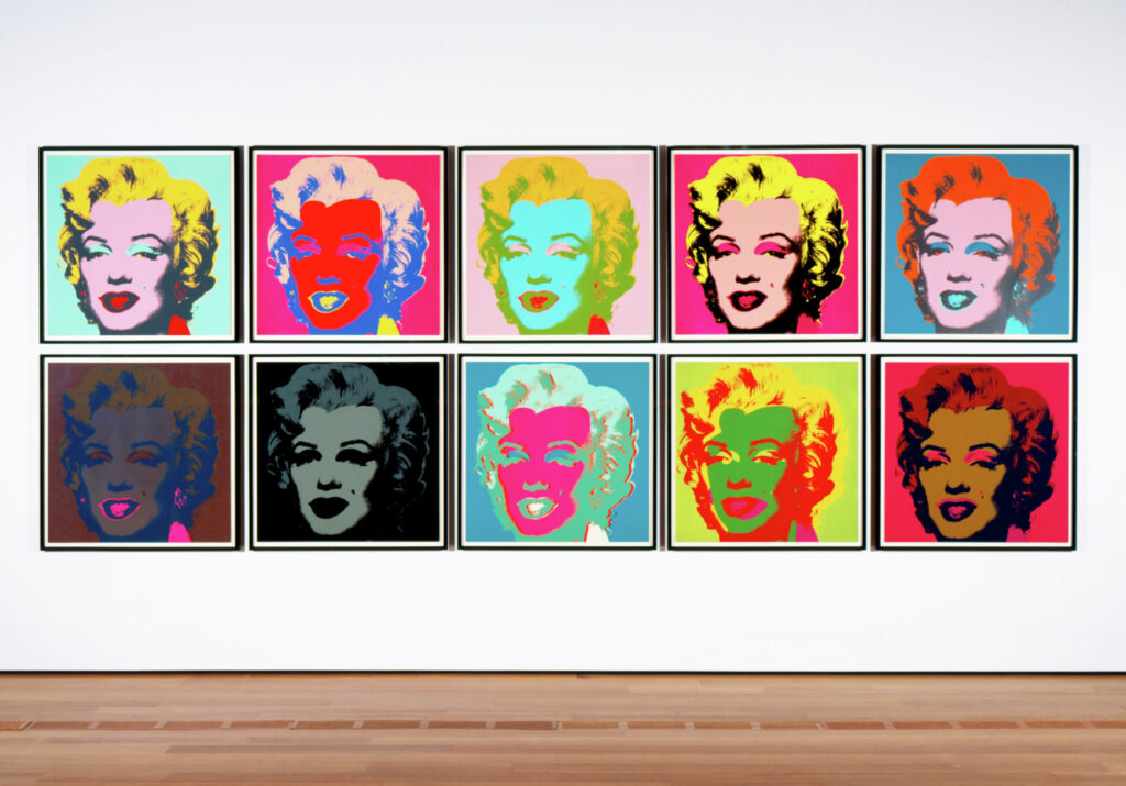 10 screenprints of Marilyn Monroe using different saturated colors.