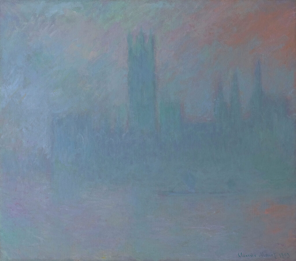 Abstract cityscape shrouded in fog.
