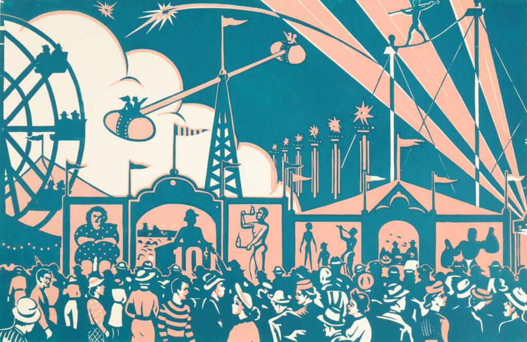 Stylized circus poster in blue, pink and white.