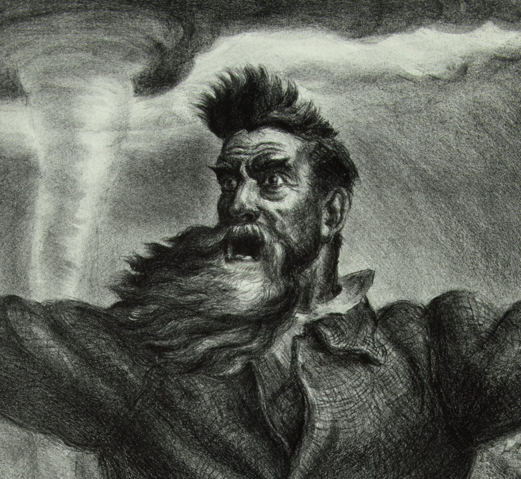 The foreground of this print features an older man with a long beard and a wild look in his eye with a tornado funnel in the background.