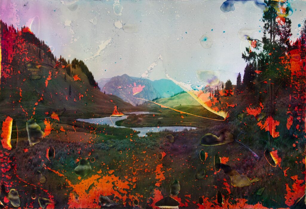 landscape with lake, mountain and trees, drenched in surrealistic colors.