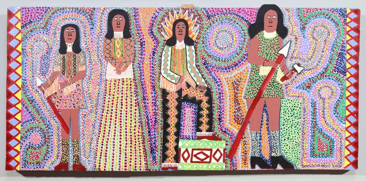 four flattened women with dark hair and brown skin surrounded by colorful dots.