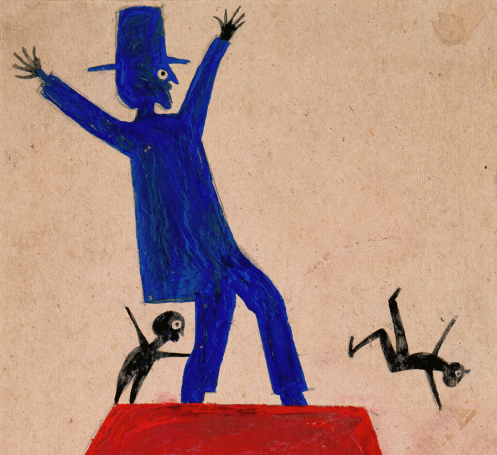 blue man with a top hat raises his hands to the sky.